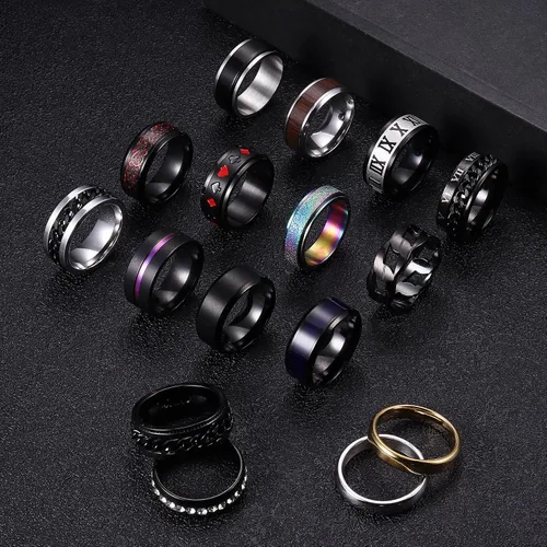 Vista 7 de Besteel Juego de 16 anillos giratorios de acero inoxidable para hombres y mujeres, anillos para aliviar el estrés y la ansiedad, color negro