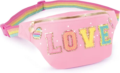 Vista 4 de Make It Real Bolsa de moda con parches, 9 piezas, bolsa rosa con cremallera con banda de arcoíris, personalizable, parches de amor, adolescentes