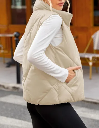Vista 7 de MEROKEETY Chaleco acolchado para mujer, sin mangas, con cremallera, con cuello alto, con bolsillos