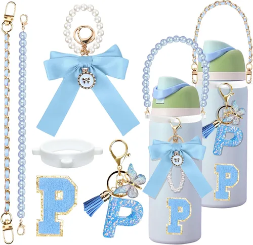 Vista 109 de 6 piezas de accesorios con letras para botella de agua Owala 24 oz 32 oz 40 oz, con lindos dijes iniciales y correa para el asa, compatible