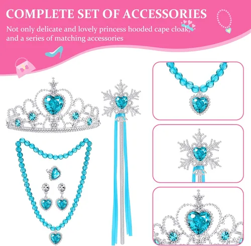 Vista 2 de Skylety Juego de 7 piezas de disfraz de princesa con capucha para niñas pequeñas, cosplay, fiesta, cumpleaños