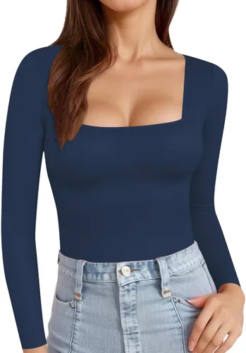 Vista 26 de MANGOPOP - Camisetas ajustadas de manga corta y manga larga con cuello cuadrado para mujer A01 Manga Corta Negro