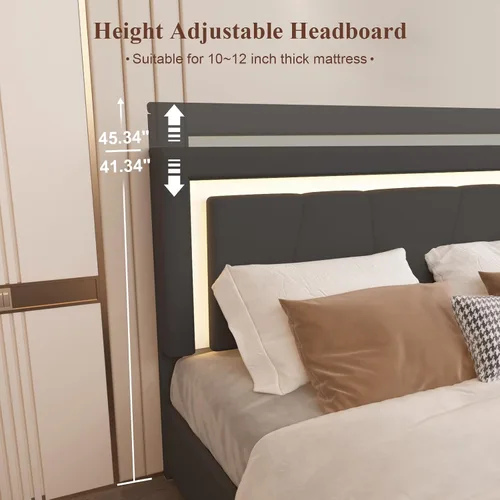 Vista 4 de Base de cama matrimonial con cabecera ajustable, plataforma tapizada con luces LED RGB, 4 cajones de almacenamiento y estación de carga