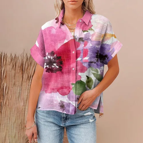 Vista 3 de Camisa de manga corta con cuello abierto para mujer, con múltiples botones, blusa casual de lino y algodón para verano