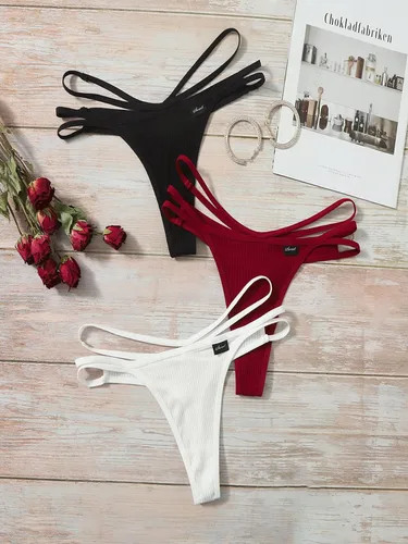 Vista 3 de Verdusa Conjunto de 7 tangas de punto acanalado de tiro bajo para mujer