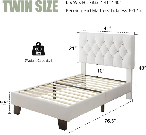 Vista 2 de Feonase Marco de cama de terciopelo tamaño twin con cabecera capitoné con botones, cama tapizada con soporte de listones de madera, no necesita
