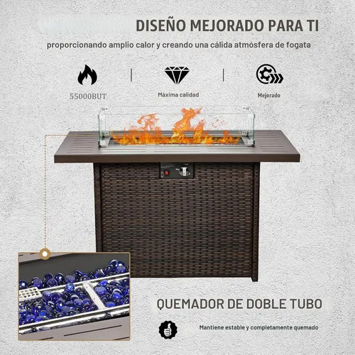 Vista 3 de Mesa de Fogata de Propano, 44 Pulgadas 55000 BTU Fogata de Gas Exterior Rectangular con Protector de Viento de Vidrio para Patio y Terraza Exterior