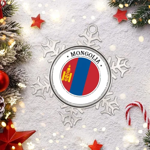Vista 5 de Bandera de Mongolia, adornos de Navidad 2023, adorno de copo de nieve, adornos de recuerdo de ciudad de campo para árboles de Navidad, colgante