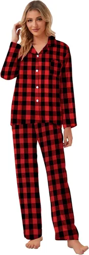 Vista 4 de Umeyda Conjunto de pijamas de Navidad familiares a juego, pijamas a cuadros de manga larga para adultos y niños