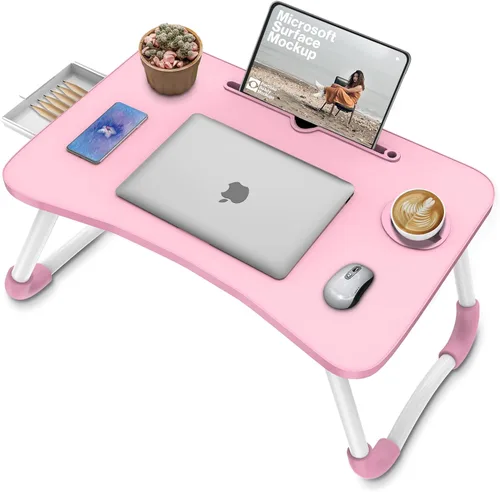 Vista 9 de Zapuno Mesa de cama plegable para laptop, mesa multifunción con cajón de almacenamiento y soporte para botella de agua, bandeja de servir mesa