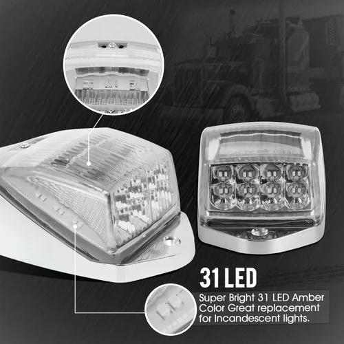 Vista 5 de Partsam 10 luces LED ámbar de cabina de 31 luces LED para techo superior con base cromada compatible con Peterbilt/Freightliner/Western