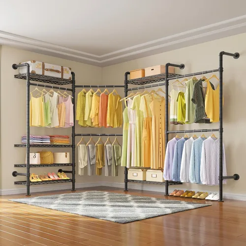 Vista 8 de Timate Perchero de ropa en forma de L L4 resistente para colgar ropa, perchero industrial expandible para ropa de tubería industrial montado