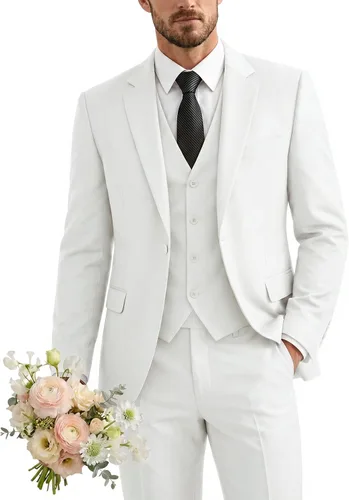 Vista 45 de Traje de 3 piezas para hombre con corbata, chaleco sólido de un botón y beige (529-beige)