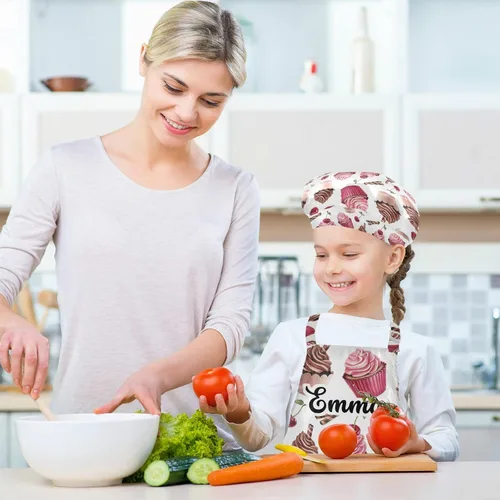 Vista 5 de Sinestour Delantal de chocolate cereza personalizado para niños y sombrero de chef, juego de 3 delantales de cocina personalizados para niños