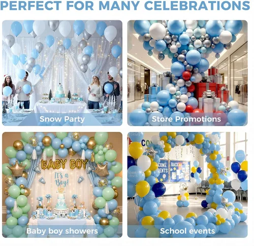 Vista 5 de LovesTown 110 globos de látex de 12 pulgadas con cinta para decoración de cumpleaños, baby shower, boda, fiesta, color azul (paquete de 2)