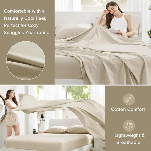 Vista 4 de Comfort Spaces Sábanas 100% algodón tamaño King, transpirables y ultra suaves, sábanas de algodón naturalmente fresco con bolsillo elástico de 14