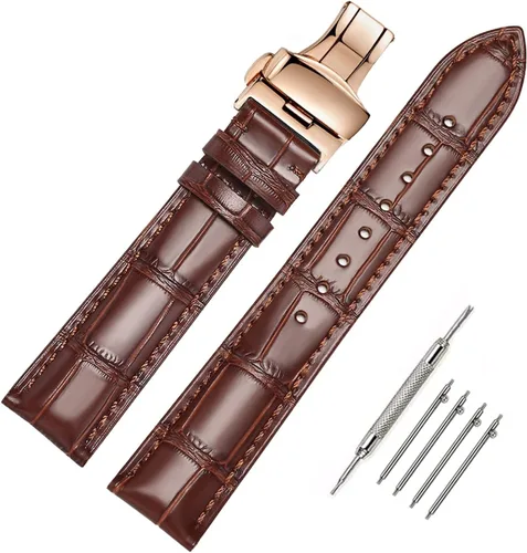 Vista 26 de Moran - Correa de cuero genuino con estampado de cocodrilo y cuero vacuno, hebilla de despliegue de repuesto, correa de reloj de 18 mm a 24 mm