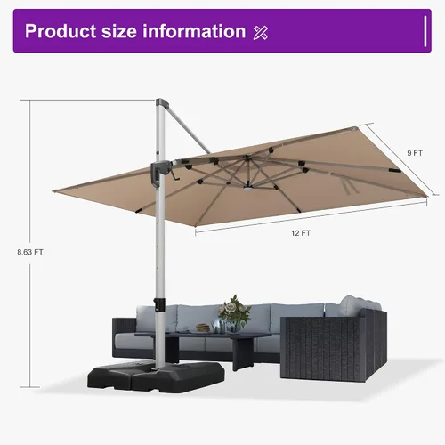 Vista 8 de PURPLE LEAF Sombrilla de patio de 9 x 12 pies con luces, sombrilla rectangular voladiza para exteriores, funciona con energía solar, LED