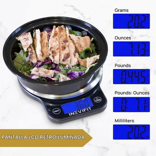 Vista 4 de INEVIFIT Báscula digital de cocina, báscula de alimentos multifunción de alta precisión, 13 libras, 13.2 lbs máximo, color negro moderno y limpio
