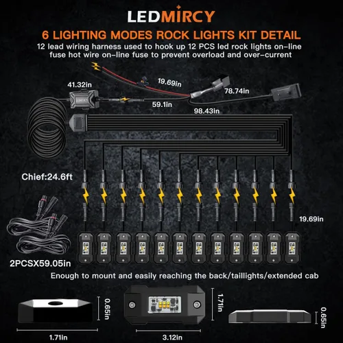 Vista 6 de Kit de Luces de Roca Switchback LEDMIRCY Estroboscópicas Blancas y Ámbar 12 Módulos 6 Modos Función de Memoria Función de Reinicio con Arnés