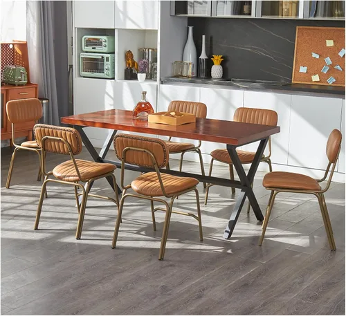 Vista 7 de Juego de 2 sillas de comedor modernas de mediados de siglo, sillas retro con asiento/respaldos tapizados de piel sintética y patas de metal Negro