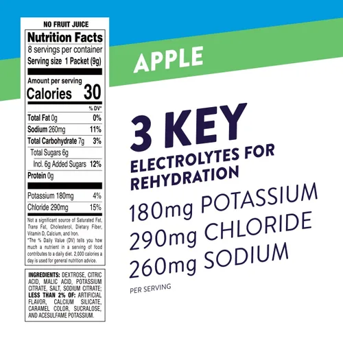 Vista 2 de Pedialyte Paquetes de polvo de electrolitos de hidratación rápida, manzana, bebida de hidratación, 8 paquetes de polvo de una sola porción
