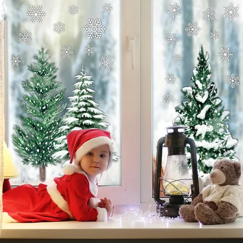 Vista 3 de JarThenaAMCS Calcomanías de Ventana de Navidad Árbol de Navidad Copo de Nieve Pegatinas de Ventana Bosque Nevado de Doble Cara Calcomanías de Vidrio