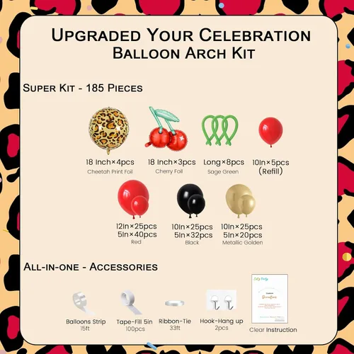 Vista 5 de Kit de arco de globos con estampado de guepardo, 185 globos metálicos rojos, negros y dorados, con globos de guepardo de aluminio para decoraciones