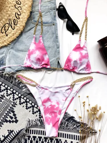 Vista 2 de Traje de baño de 2 piezas para mujer Tie Dye Sexy Halter Chain Bikini Triángulo traje de baño traje de baño
