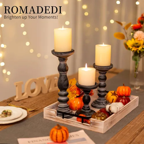Vista 3 de Portavelas para Velas de Pilar: Romadedi Juego de 3 Portavelas Decorativos de Madera, Soporte de Vela de Madera Rústica para Repisa de Chimenea Mesa