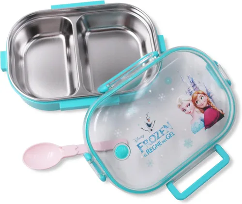 Vista 2 de Finex Caja Bento reutilizable azul de acero inoxidable con 2 compartimentos para alimentos con tapa transparente y cuchara - Princesa
