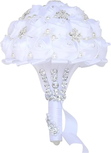Vista 20 de XINNI Ramo de boda negro para novia, dama de honor, satén con diamantes de imitación y perlas para boda, fiesta de quinceañera, negro y marfil