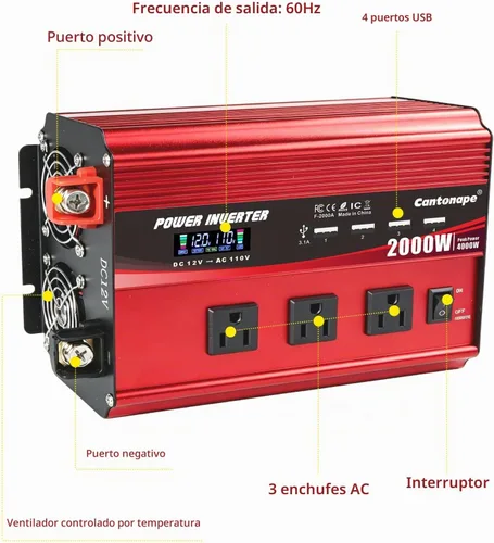 Vista 2 de Inversor de corriente 2000W 12V a 110V/120V DC a CA con pantalla LCD