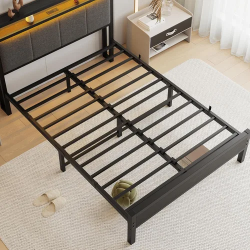 Vista 9 de Base de cama de tamaño matrimonial con estantes de almacenamiento, cabecera tapizada, color gris LED Lights Charging Station,Heavy Duty Metal Bed
