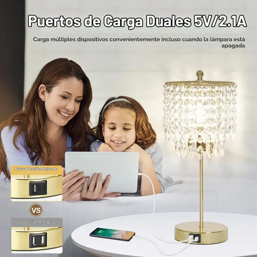 Vista 5 de Juego de 2 lámparas de mesa de cristal, lámpara de mesa de noche regulable de 3 vías con 2 puertos de carga USB, lámpara de noche dorada