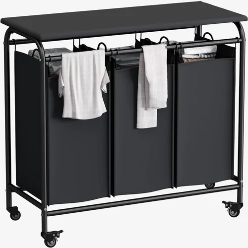 Vista 17 de LINZINAR Clasificador de ropa sucia de 3 bolsas, carrito de lavandería con ruedas enrollables resistentes y bolsas extraíbles (gris) Laundry Room