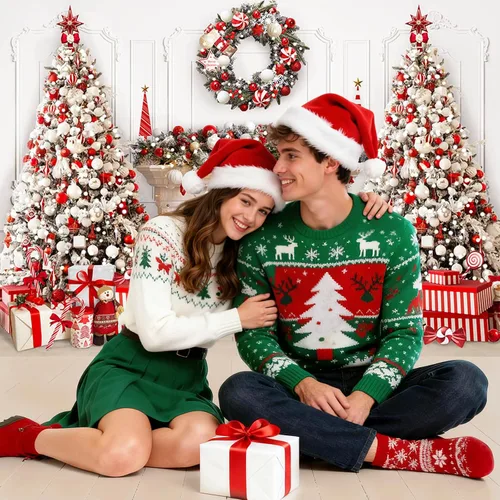 Vista 3 de Mocsicka Telón de fondo para chimenea de Navidad blanco y rojo, fondo para fotografía de árbol de Navidad, invierno, Navidad, familia, niños, fiesta