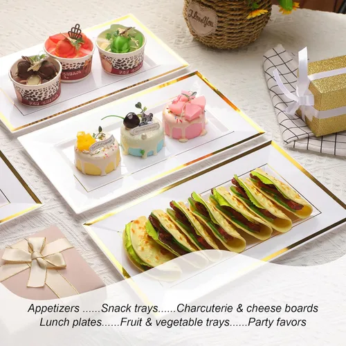 Vista 7 de Uiifan 30 bandejas de plástico para servir a granel, borde de oro blanco, elegante, rectangular, desechable, mesa de postre de plástico, bandejas