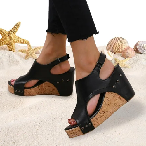 Vista 8 de Yimin Sandalias de cuña bohemias, sandalias de tacón de cuña con punta abierta, de piel sintética, con remaches, para mujer, parte inferior de goma