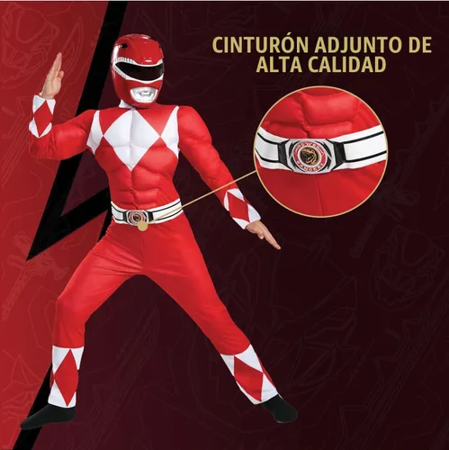 Vista 4 de Disfraz de Red Ranger muscular, disfraz oficial de Power Rangers con máscara