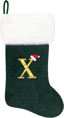 Vista 15 de Calcetines de Navidad bordados de 20 pulgadas con monograma, terciopelo negro con puño de felpa blanca supersuave, adornos clásicos para decoración