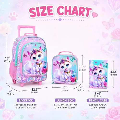 Vista 5 de Mochila con ruedas para niñas, Fox Kids School Mochilas con ruedas, mochila enrollable con lonchera para preescolar primaria (blanco)