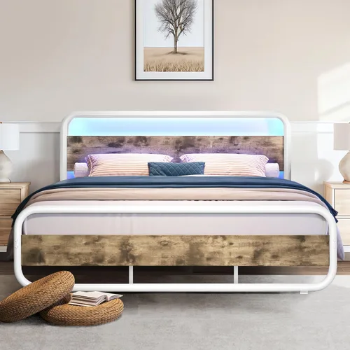 Vista 17 de Catrimown - Marco para cama individual con luces LED, marco de cama plataforma individual resistente de metal rústico con cabecera de madera