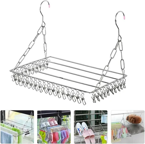 Vista 9 de Cabilock Percha de secado de ropa de acero inoxidable: Tendedero de secado de ropa con 36 clips, colgador para secadora de calcetines, ropa