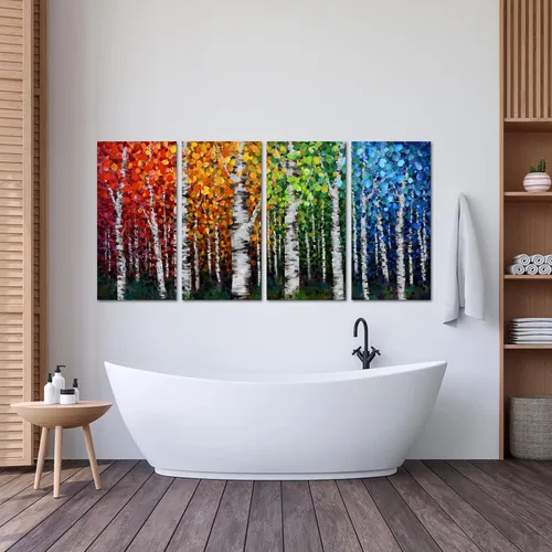 Vista 5 de iKNOW FOTO 4 piezas de lienzo grande de 4 estaciones, arte de pared de abedul con ramas modernas, pintura al óleo, hojas de otoño, paisaje