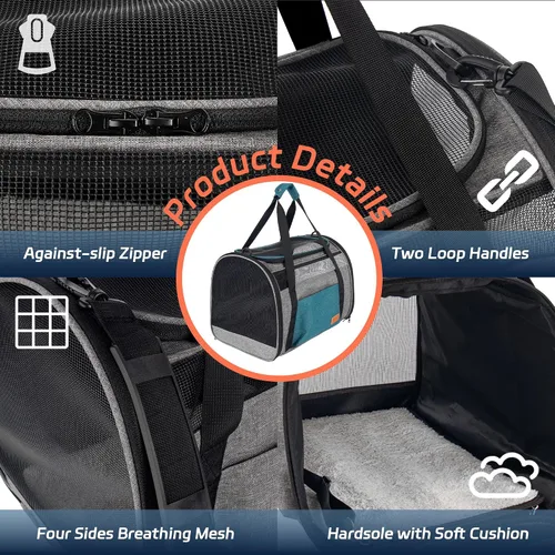 Vista 3 de Transportador grande para gatos de 20 libras, transportador de viaje de malla transpirable de lados suaves, aprobado por aerolíneas, transportador