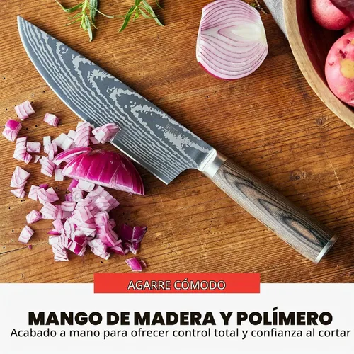Vista 6 de GreenPan x Bobby Flay - Cuchillo de chef de 8 pulgadas con funda, hoja de acero inoxidable de alta calidad, herramienta de cocina de corte de Marrón