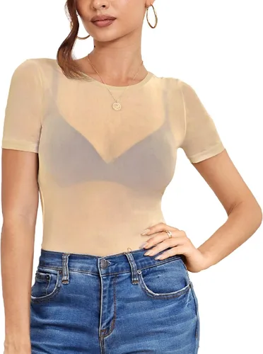 Vista 7 de Blusa de malla de manga corta, sexy, transparente, entallada Negro