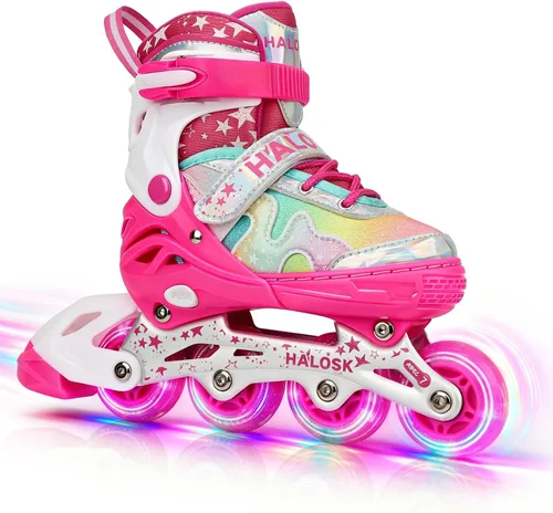 Vista 8 de Patines en línea para niñas y niños con ruedas iluminadas, patines de hoja ajustable, estrella de purpurina degradada con forro cómodo transpirable