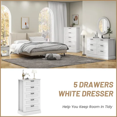 Vista 3 de biukpci Cómoda blanca con 5 cajones, almacenamiento vertical para dormitorio, cómoda alta de madera para pasillo, cómoda alta de madera con cajones